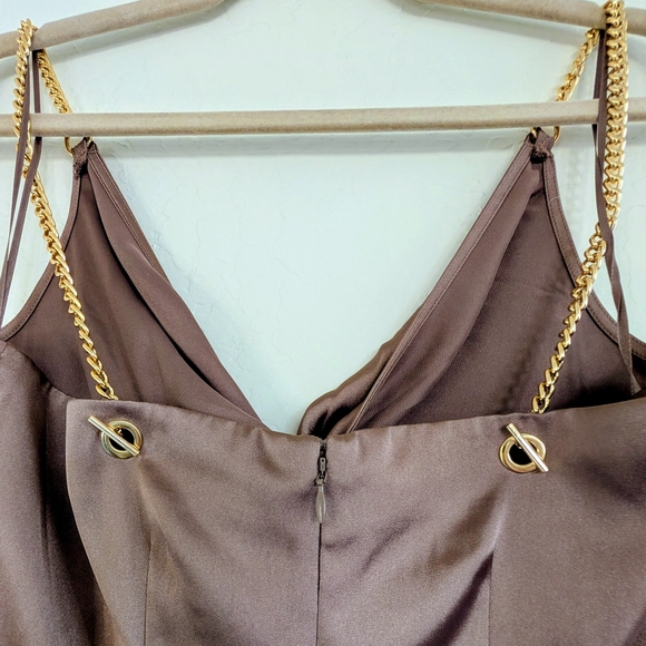 Express Satin Slip Dress in Mauve Taupe with Chain Straps Midi - Picture 7 of 12